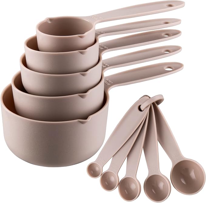 Cute Plastic Measuring Set of 10, 5 Cups & 5 Spoons for Baking & Cooking, Khaki
