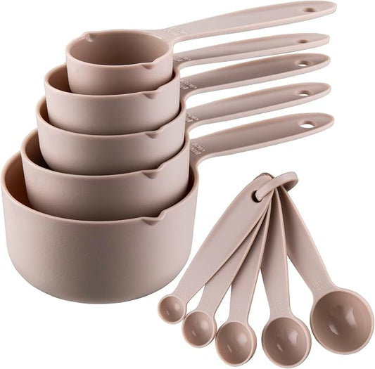 Cute Plastic Measuring Set of 10, 5 Cups & 5 Spoons for Baking & Cooking, Khaki