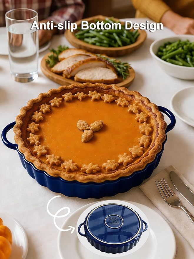 10×2in Deep Ceramic Pie Pan with Handles for Pie Quiche Tart Baking. Easy to grip, Lead-Free. Casserole Lasagna Dish for Thanksgiving Christmas Gift. Oven Microwave Dishwasher Safe. Blue