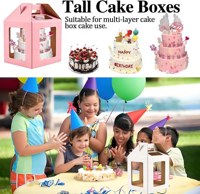 Cake Boxes - 2 Pack Tall Cake Box 12x12x14 Inch | Disposable Layer Carrier with 6 Window Large Tierd Cake Out Transport Containers with Handle for Wedding Birthday, Party-Pink
