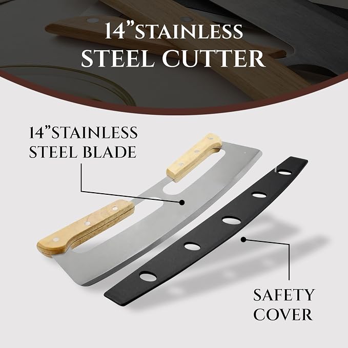14” Dual-Grip Pizza Cutter Pizza Board | Gift Pizza Set, Best Pizza Cutter Rocker Blade, Bamboo Pizza Cutting Board, Pizza Slicer, Pizza Serving Board, Pizza Rocker Knife For Cutting Pizza Piza