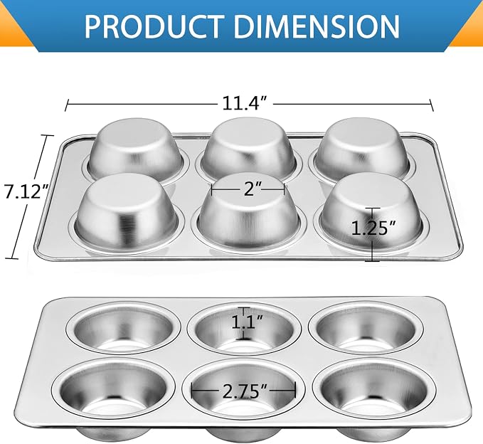E-far Stainless Steel Muffin Pan, 6-Cup Cupcake Pan Tin for Baking, Metal Muffin Pan Tray Mold, Non-toxic & Healthy, Oven & Dishwasher Safe, Regular Size - 11.44 x 7.12 x 1.25 Inch