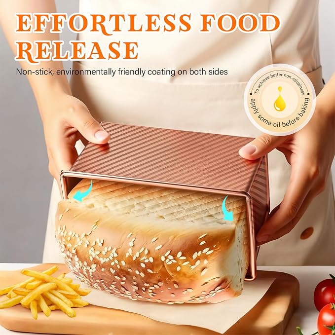 Bread Pan with Lids, 1Lb Dough Capacity, Non-Stick Carbon Steel Pullman Loaf Pan for Baking, Professional Toast Box Mold- Gold