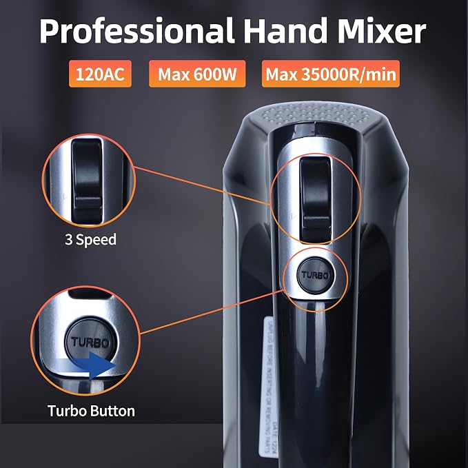 200W Hand Mixer, Lightweight Electric Mixer with Turbo Function, 5-Speed Handheld Mixer for Whipping, Folding, and Dough Kneading, Compact Storage with Attachments,black