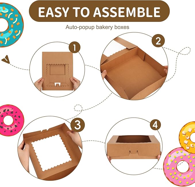 Moretoes 5pcs Pie Boxes, 10x10x2.5 Bakery Boxes with Window, Auto-Popup Brown Bakery Boxes for Pies, for Dessert, Donuts, Muffins