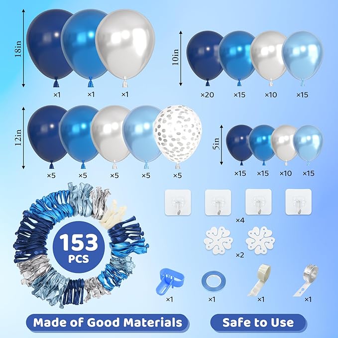 Amandir 153pcs Blue and Silver Balloon Garland Arch Kit, Different Sizes 18 12 10 5 inch Royal Navy Blue Latex Metallic Confetti Balloons for Graduation Wedding Shower Birthday Party Decorations
