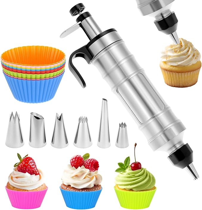 QWORK Dessert Decorating Syringe Set, 304 Stainless Steel Frosting Icing Piping Kit with 6 Replaceable Tips and 8 Silicone Cupcakes - Ideal for Cakes, Cupcakes, Cookies