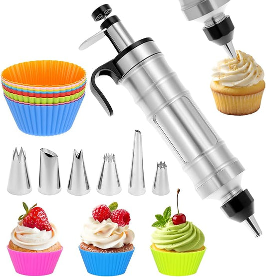 QWORK Dessert Decorating Syringe Set, 304 Stainless Steel Frosting Icing Piping Kit with 6 Replaceable Tips and 8 Silicone Cupcakes - Ideal for Cakes, Cupcakes, Cookies