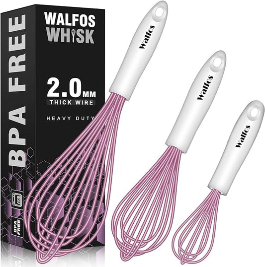 Walfos Whisk, Silicone Whisks for Cooking & Baking Non Scratch Rubber Coated Pink Whisk for Non-stick Wisk, Perfect for Frothing, Blending, Beating and Whisking (3pack Pink)