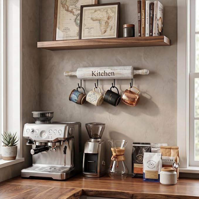 MyGift Wall Mounted Kitchen Utensil Rack, Rustic White Washed Wood Rolling Pin Cooking Tool Hanger with 4 Hooks for Aprons, Dish Towel, Mugs, Spoons
