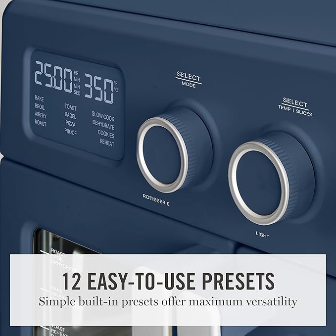 Martha Stewart French Door Air Fryer Toaster Oven Combo, 34QT Countertop Convection, 12-in-1, Bake, Broil, Roast, Fits 12” Pizza, Dehydrate, 5 Accessories, Air Fry Basket, Stainless Steel, Indigo Blue