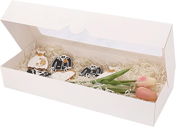 RIFMEAE 20-Pack 16" x 6.5" x 2.5" Cookie Boxes with Window, White Bakery Boxes, Strawberry boxes, Long Treat Boxes for Strawberries and Pastries