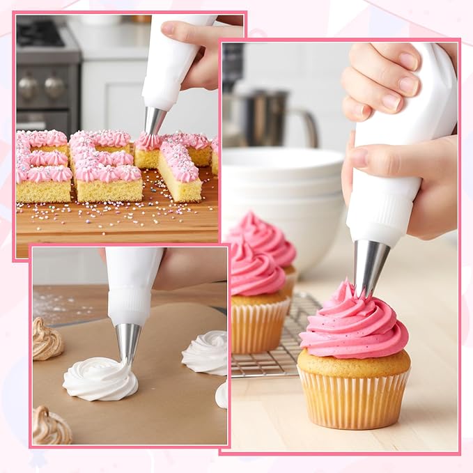Reusable Piping Bags and Tips Set, Cotton Reusable Piping Bag 12+14+16", with Coupler, Stainless Steel Nozzles & Cleaner, Easy to Clean, Eco-Friendly Baking Kit for Cake Decorating