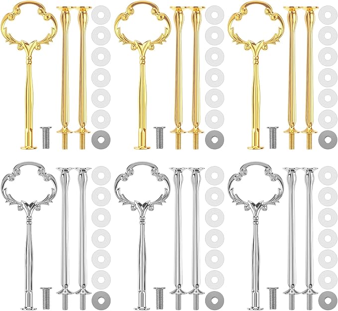 Patelai 6 Sets 3 Tier Cake Stand Hardware Tiered Tray Plate Hardware Kit Metal Cake Fruit Food Plate Stand Fitting Stacking Kit for Serving Dessert Cupcake Dish (Sun Flower,Gold,Silver)