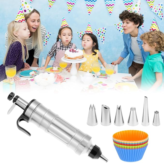 QWORK Dessert Decorating Syringe Set, 304 Stainless Steel Frosting Icing Piping Kit with 6 Replaceable Tips and 8 Silicone Cupcakes - Ideal for Cakes, Cupcakes, Cookies