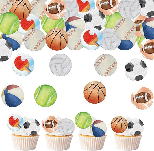 48PCS Edible Sports Cupcake Toppers Edible Basketball Soccer Baseball Tennis Rugby Cake Decorations for Sports Ball Game Theme Baby Shower Birthday Party Cake Decorations Supplies