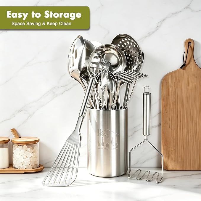 Stainless Steel Kitchen Utensils Set - 12pcs Cooking Utensils Set with Holder, Heat Resistant Kitchen Tool Set for Cooking with Turners, Potato Masher, Spatula, Spoons, Tongs, Whisk