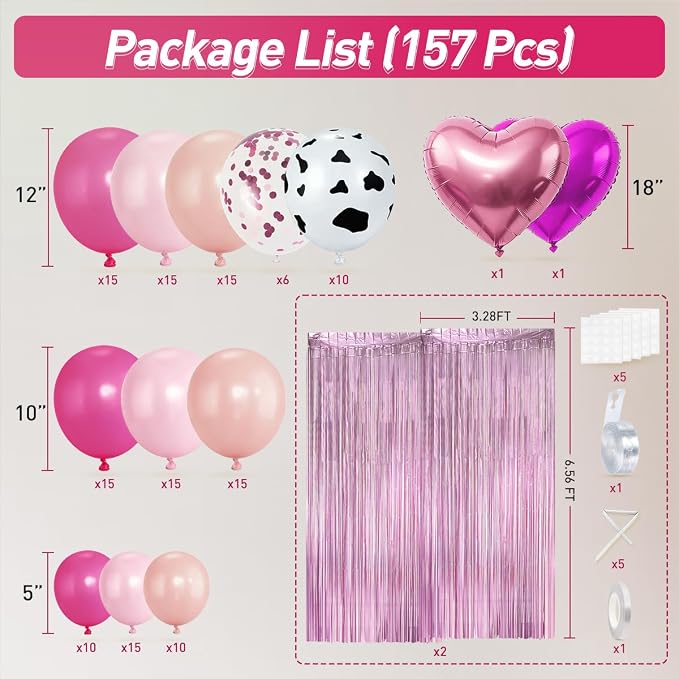 157Pcs Pink Cow Print Balloons Garland Arch Kit with Pink Fringe Curtain for Cowgirl Baby Shower First Rodeo Farm Wedding Birthday Party Decorations