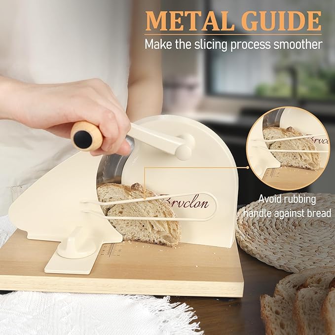 Brvclon Manual Bread Slicer for Homemade Sourdough,Adjustable Thickness,Hand Crank Bread Slicer with Stainless Steel Blade, Aluminum Alloy Frame & Solid Wood Base,Comes with 10 Bread Bags