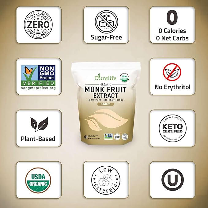DureLife Organic 100% Pure Monk Fruit Sweetener, No Erythritol, 10 Oz | Zero Calorie Sugar Substitute, No Fillers, Keto Certified, OU Kosher, USDA Organic, Non-GMO Project Verified