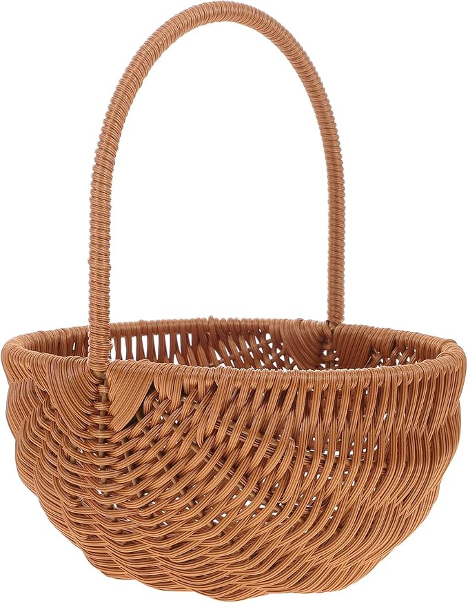 Small Woven Basket with Handle, Plastic Rattan Wicker Easter Basket for Picnic, Harvesting, Home Storage And Decor, Splinter-free, Light Brown, 9. 04 Inch