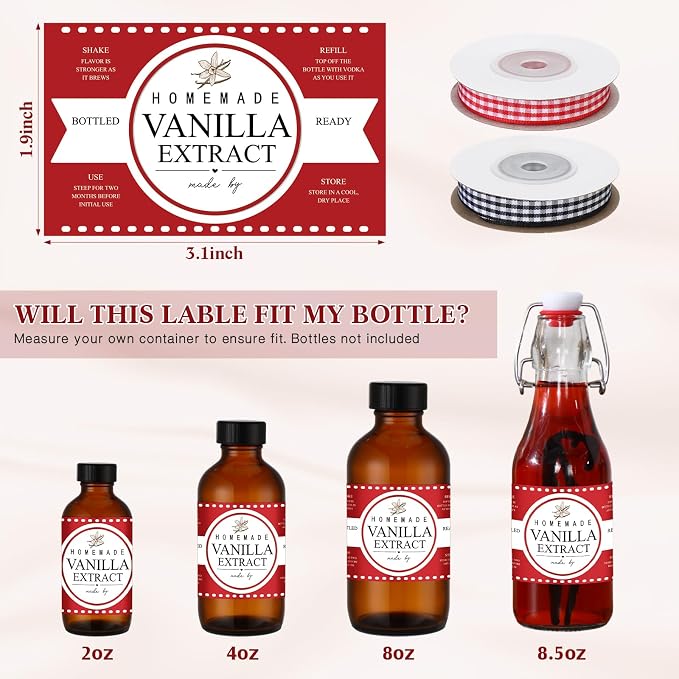 Fulmoon 24 Pcs Vanilla Extract Labels Homemade Vanilla Extract Stickers Bottle Labels with Ribbon Gift Stickers for 4oz, 8oz Handcrafted Bottles Wedding Gifts(Classic)