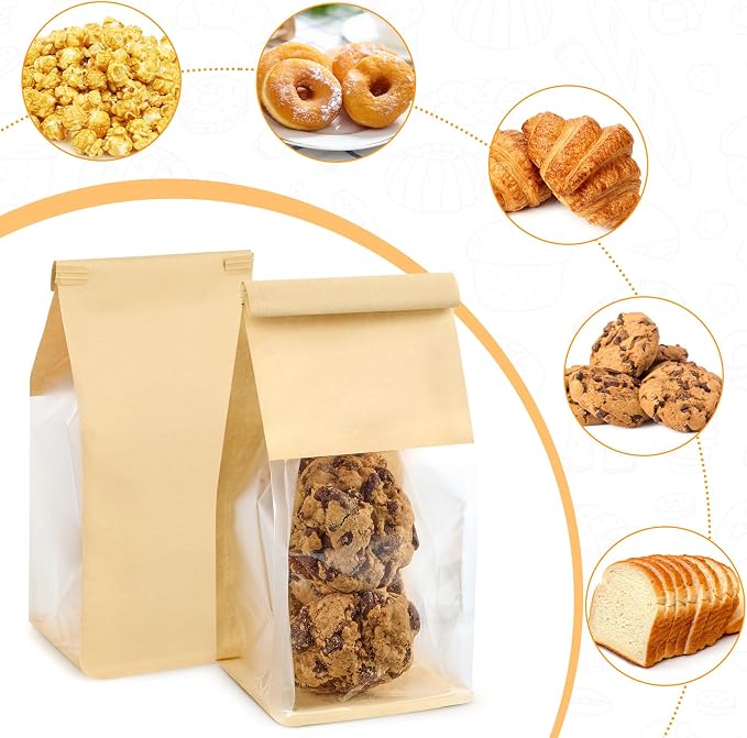 Ocmoiy 50 Pack Small Cookie Bags with Window, 3.9x3.5x9.5 Inches Tin Tie Tab Lock Bakery Packaging Bag, Resealable Paper Pastry Bags for Homemade Granola, Popcorn, Candies, Treat