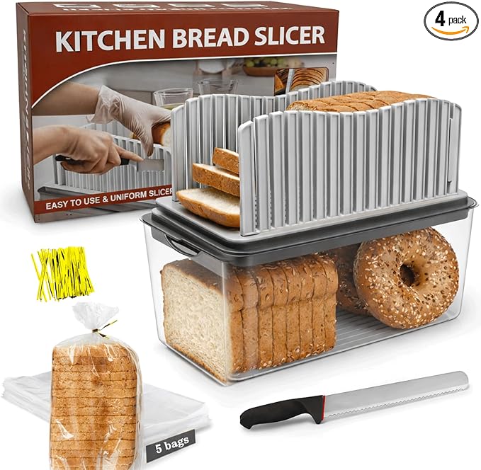 Bread Slicer with Knife, Adjustable Slicer & Loaf Cutter for Homemade Bread with Crumb Tray, Storage Box & Plastic Bags for Easy Slicing.