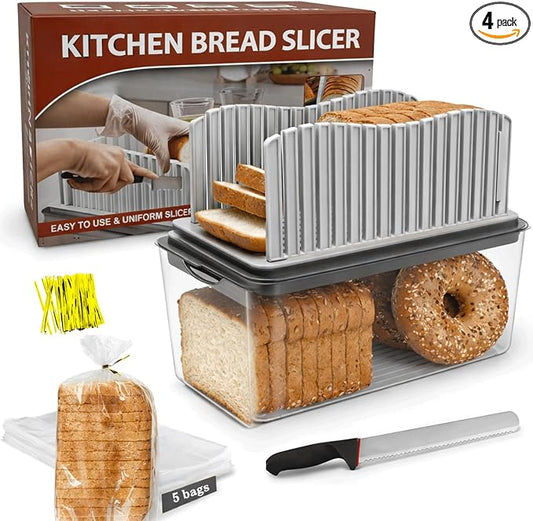 Bread Slicer with Knife, Adjustable Slicer & Loaf Cutter for Homemade Bread with Crumb Tray, Storage Box & Plastic Bags for Easy Slicing.