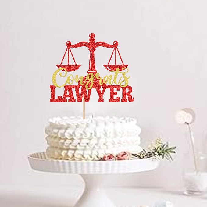 1 Pack Congrats Lawyer Cake Topper Glitter Class of 2026 Law School Survivor Cake Pick 2026 Graduation Cake Decorations for 2026 Lawyer Graduation Party Supplies Red Gold
