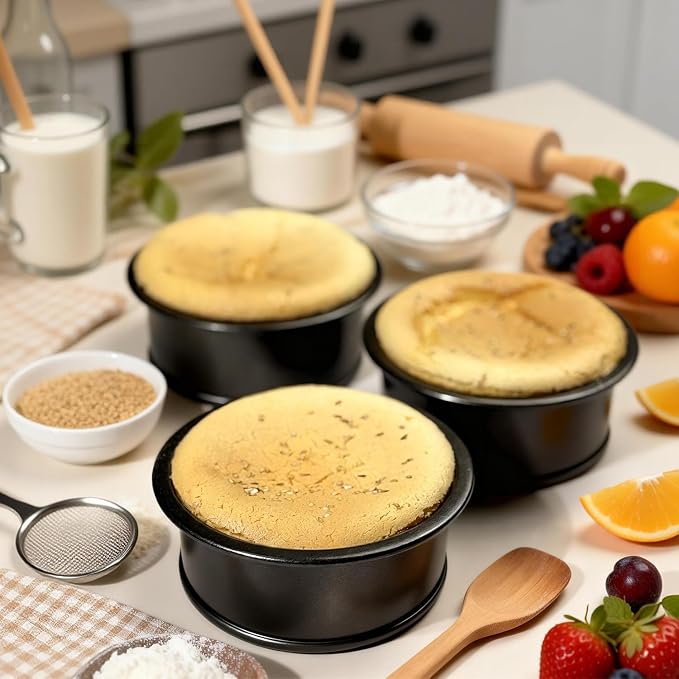 4 Inch Mini Cake Pans Set of 3, Small Round Carbon Steel Smash Cake Pans for Baking Individual Layer Cakes, Non-Stick Tiered Cheesecake Molds, Straight Edge & Dishwasher Safe
