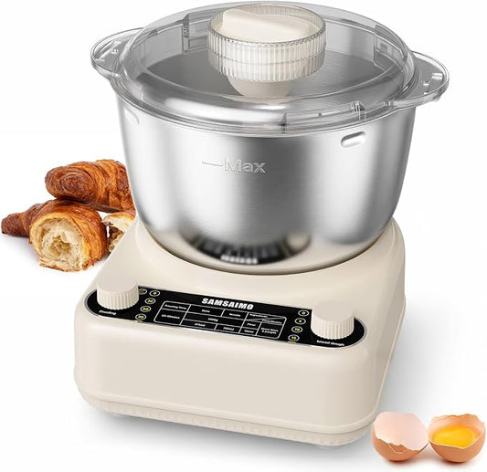 Electric Dough Maker with Ferment Function, 6.5QT Stand Dough Mixer, Dough Kneading Machine with 304 Stainless Steel Bowl, Removable Lid & Knob Control, Ideal for Bread, Pizza, Pasta - Almond Cream