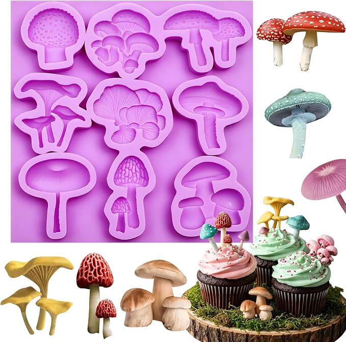 Mushroom Chocolate Mold, Mushroom Silicone Mold, Purple, 9 Cavities, Food-Grade, for Cake, Cupcake, Chocolate, Resin and Soap Crafts