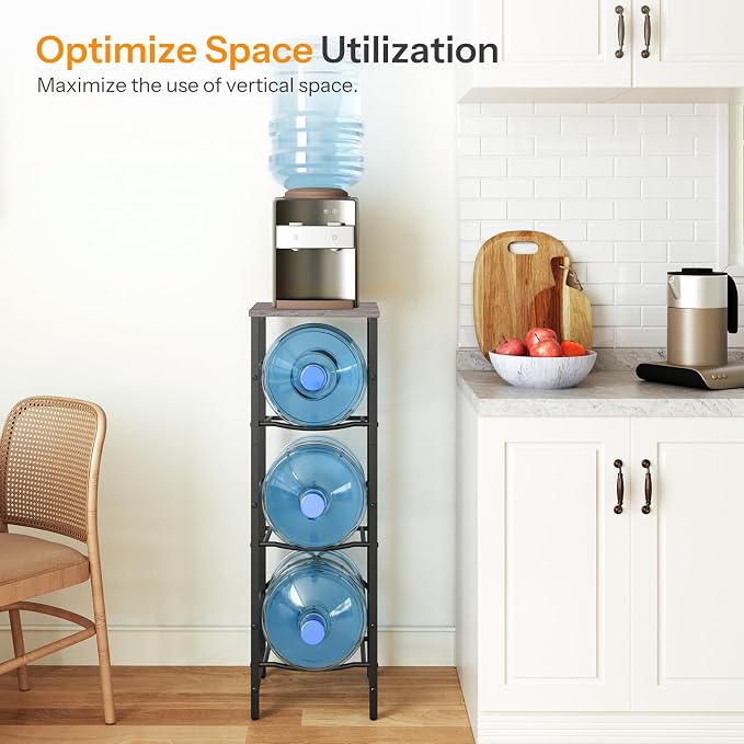 HOOBRO Water Jug Rack, Water Bottle Holder, 5 Gallon Water Jug Rack, 3-Tier Water Cooler Storage Rack, Water Dispenser Stand, for Kitchen, Living Room, Office, Greige and Black BG01ST01