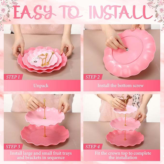 FoldTier 6 Pack Cupcake Stand Set 3 Pcs 3 Tier Gradient Dessert Table Display Stands Cookie Tray Rack 3 X14 in Rectangle Party Trays for Wedding Birthday Tea Party Baby Shower (Pink,Round)