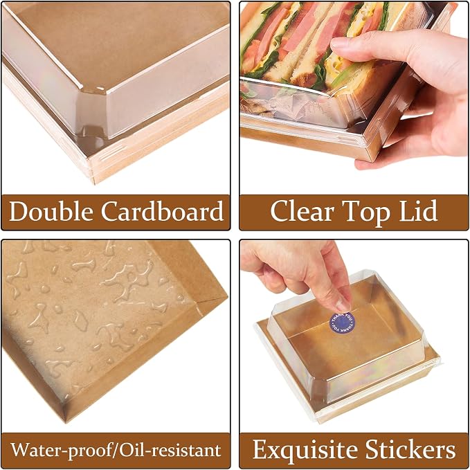 100 Pack Charcuterie Boxes with Clear Lids, 5 Inch Kraft To Go Paper Bakery Box with 500 Stickers, Jute Rope, Brown Disposable Dessert Container for Sandwich, Cookie, Cake Slice