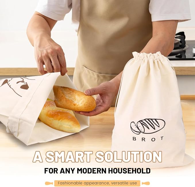 Huakaile 3 Pieces Linen Coffee Sourdough Bread Bags Baguettes 24" x 6" & 11" x 15", Reusable Homemade Bread Storage to Keep Fresh, Large Food Wraps Sourdough Baking Supplies for Kitchen Baker
