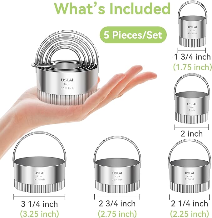 USLAI Biscuit Cutter Set (1.75, 2, 2.5, 2.75, 3.25 Inch), Stainless Steel Fluted Round Cookie Cutter with Handle, Professional Kitchen Baking Dough Tools, 5 Pieces - Wave