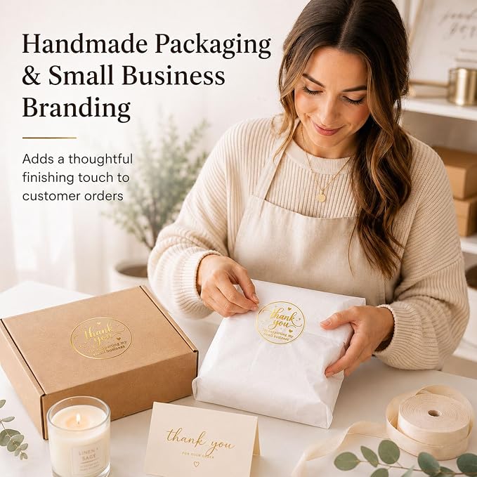 100PCS Thank You for Supporting My Small Business Stickers, Clear Black Thank You Labels for Packaging, Gift Bags, Bakery Boxes & Handmade Business Orders 1.6 Inch (Gold)