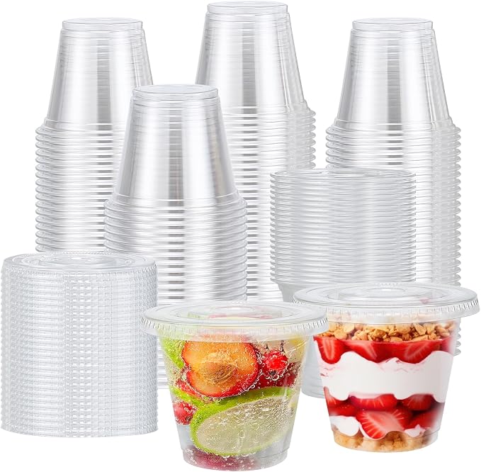 BYSNOW 300 Pack 9 oz Clear Plastic Cups With Flat Lids No Hole, Disposable Dessert Cups with Lids for Ice Cream, Pudding, Fruit, Cold Drinks, Cake, Snacks, Yogurt Parfait