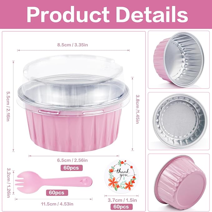 60Pcs Mini Cake Pans with Lids Aluminum Foil, ZOXILEN 5oz Disposable Mini Loaf pans with Lids and Spoons, Small Baking Cups Pie Tins Muffin Pan Cheesecake Containers for Party Pink Round