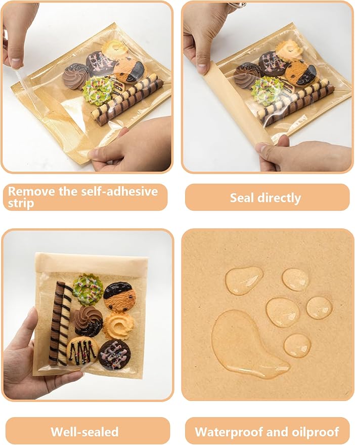 400 Pack Self Sealing Cookie Bags with Seal, 5.9x6.5 Inch Paper Bakery Bags with Window, Grease Resistant To Go Sleeves for Packaging Donut, Snack, Scone, Browni, Small Pastries and other Treats
