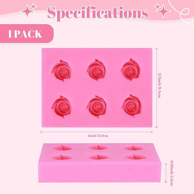 YunKo Flower Molds Silicone, 6-Cavity 3D Rose Fondant Mold | Rose Silicone Mold and Baking Mold for cake decorating, chocolate, candy, fondant, cupcake toppers, and party desserts