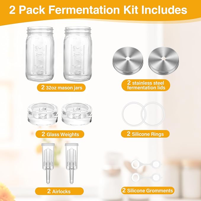 32 oz Mason Jar Fermentation Kit,Sauerkraut/Pickling Kit with 2 Pack Fermentation Jars, 2 Fermentation Lids, 2 Fermenting Weights and Airlocks(2 Jars Included)