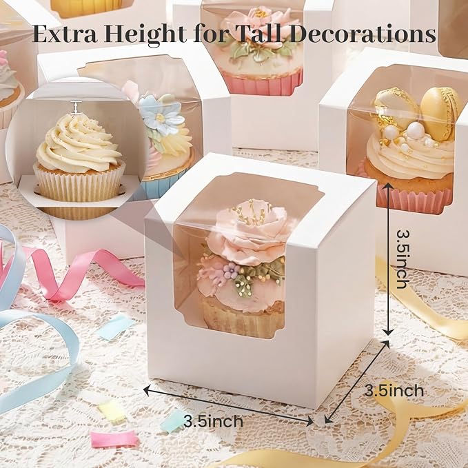 VGOODALL 60PCS Cupcake Boxes, 3.5 Inches Individual Cupcake Containers with Window and Insert for Muffins Cocoa Bombs Packaging Togo Boxes for Birthday Baby Shower Wedding Party Favors