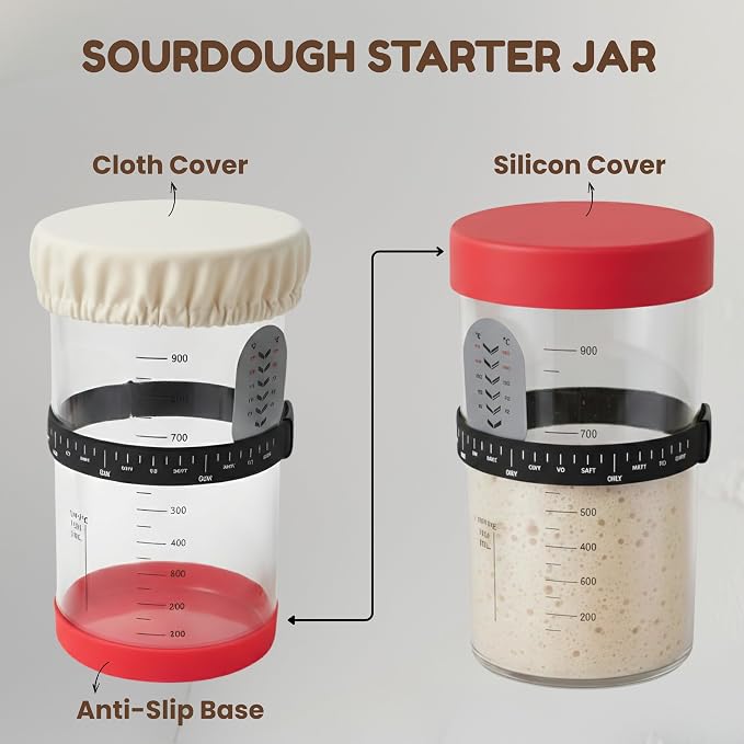 EROIR Sourdough Starter Jar Kit - 38oz Glass Jar with Date Marked Feeding Band, Thermometer, Jar Scraper, 9" Round Bread Proofing Basket, Dough Whisk, Lame, Bowl Scraper, Clean Brush, Recipes Book