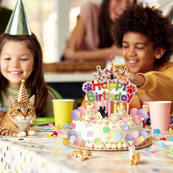 Hooqict 34Pcs Cat Cake Decorations Set with Mini Cats Figurines Cute Paw Balls Cake Toppers & Cupcake Toppers for Kids Pet Cat Themed Birthday Party Decorations Supplies