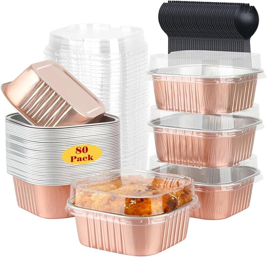 LNYZQUS 10oz/80pack Mini Cake Tins with Lids, 4”x4” Mini Foil Pans Disposable Brownie Baking Cups, Small Aluminum Bread Muffin Pan Jumbo Cupcake Containers Holders-Champagne