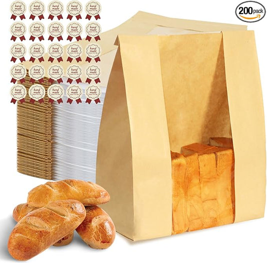 Bread Bags for Homemade Bread 200PCS Paper Sourdough Large Bakery Bags with Window for Baked Food Packaging Storage Gift Giving Includes 200PCS Label Seal Stickers 13.7x8.3x3.5in