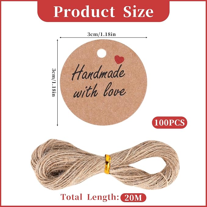 100Pcs Handmade with Love Tags Paper Hanging Tags with String 1.2” Round Brown Gift Labels with 66 ft String Personalized Handmade Tags for Crafts Candle Tins Wedding Birthday Party Favors
